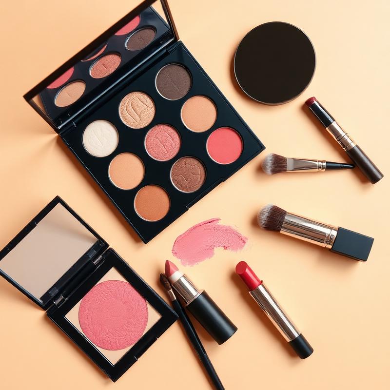 Paleta de sombras, blush e batons sobre fundo bege