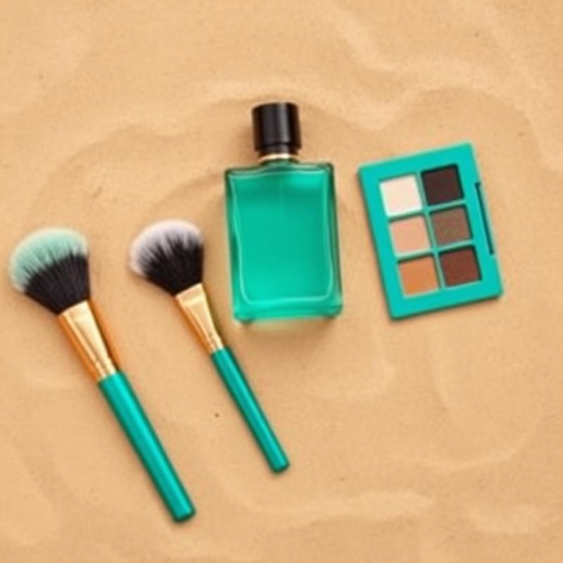 Pincéis, perfume e paleta sobre areia