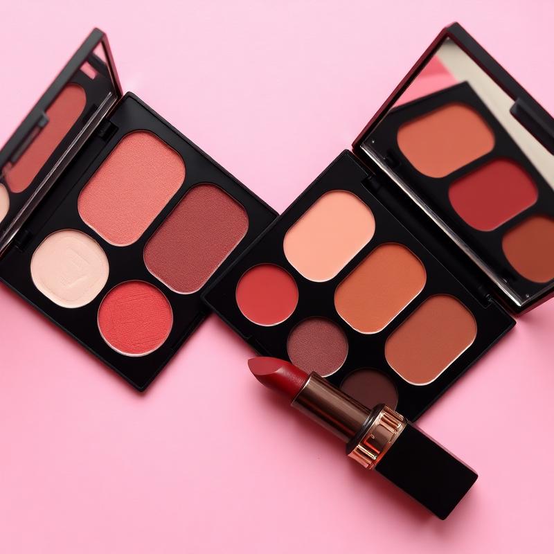 Paletas de blush e batom vermelho sobre fundo rosa